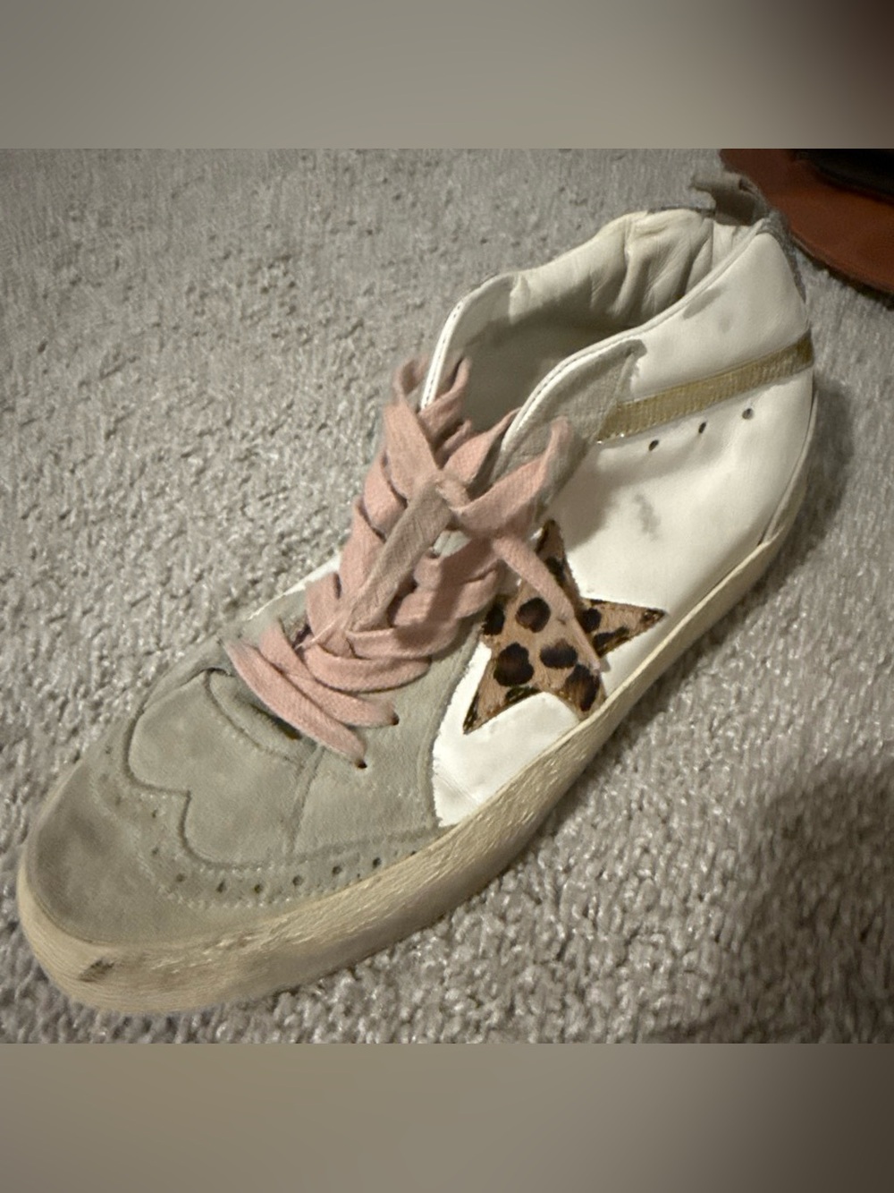 Golden Goose White & Gray Mid Star Sneakers with Pink Laces and Leopard Star